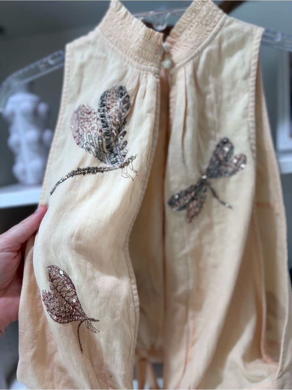 Free People "The Garden" top smocked mock neck sequin dragonfly embroidery S - Picture 9 of 10